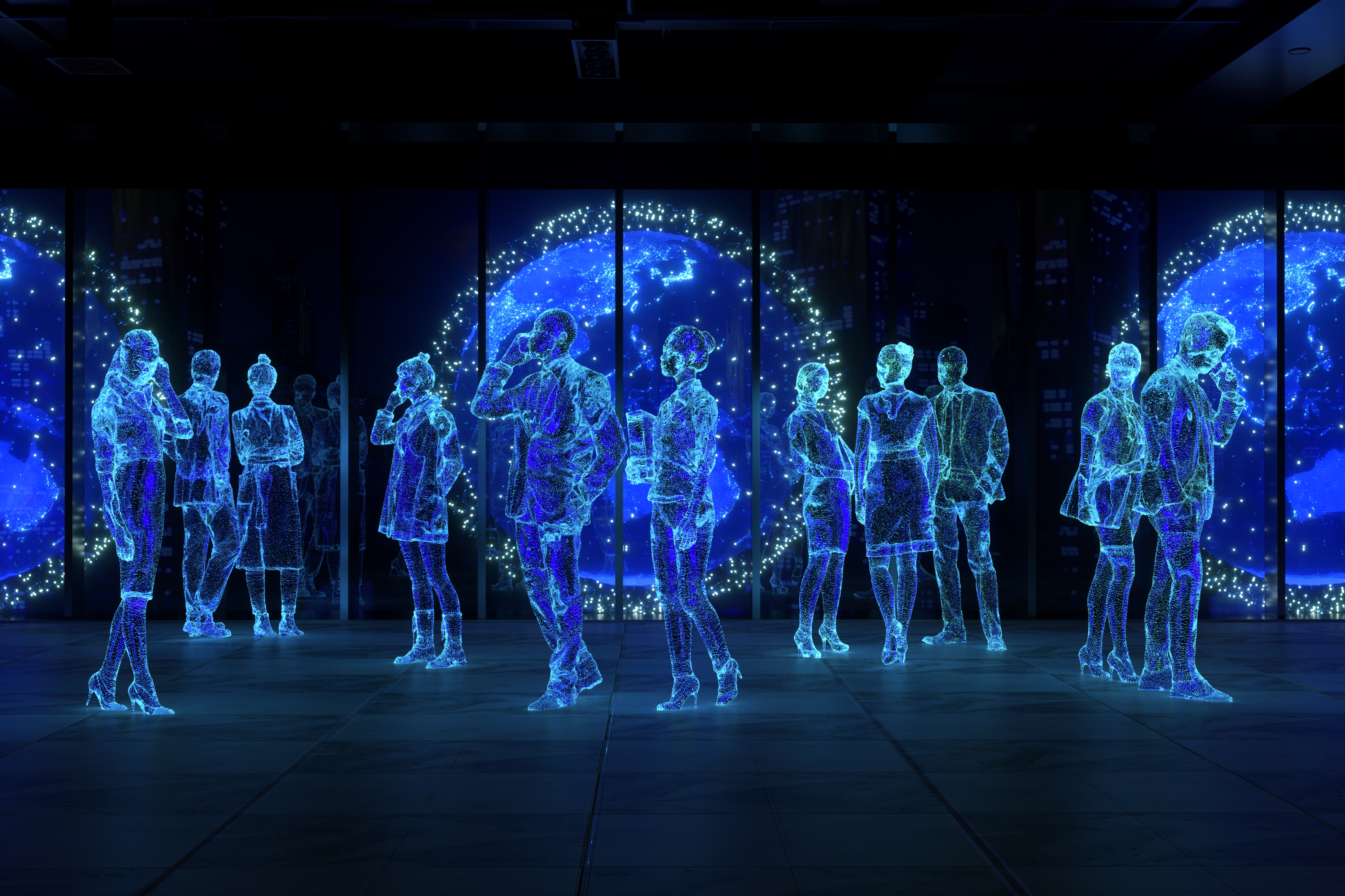 people in an abstract blue tone